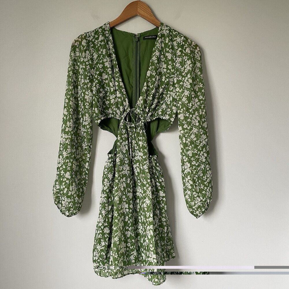 Abercrombie & Fitch Long Sleeve Cutout Mni Dress Green Floral Boho Size Small